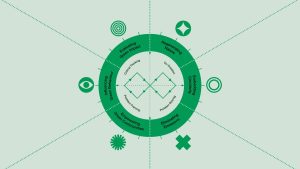 A graphic in shades of green with a circle in the centre.