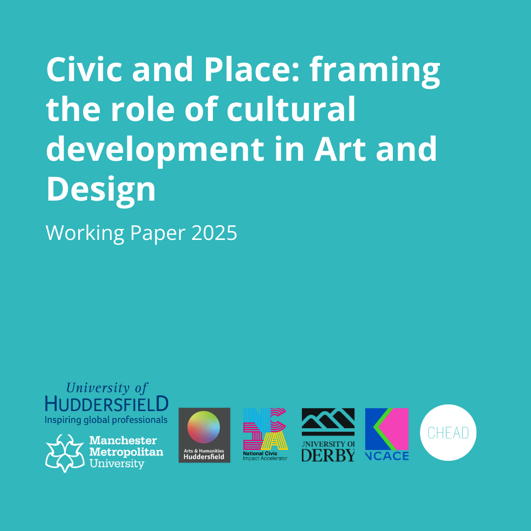 Civic and Place framing the role of cultural development in Art and Design (1) A graphic with a teal background and the words Civic and Place: framing the role of cultural development in Art and Design